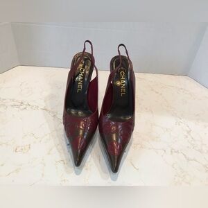 CHANEL Dark Bordeaux Floral Slingback Heels